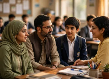 Parents and a student visiting an academy in Rawalpindi before admission