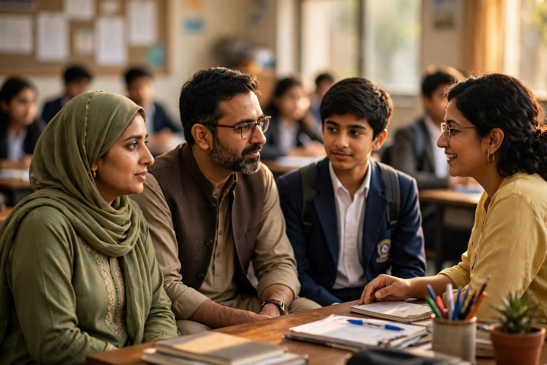 Parents and a student visiting an academy in Rawalpindi before admission